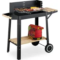 Relaxdays grill met wielen, 2 plateaus, verstelbaar rooster, windscherm, grillwagen. Afmetingen (h x b x d): 80,5 x 86 x 42 cm, zwart