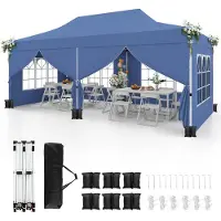 Costway Paviljoen 3x6m, inklapbaar met 6 afneembare zijwanden, zandzakken en draagtas, tuinpaviljoen, partytent, winterbestendig, UV-bescherming 50+, blauw