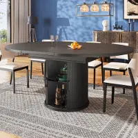 Flieks Uitbreidbare eettafel van massief hout, ovaal, uitschuiftafel 118-158x118x76.8 cm, keukentafel met opbergruimte en schuifdeuren, grote ronde tafel, zwart