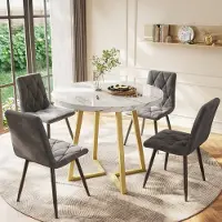 OKWISH Eetset voor 4 personen (5-delig), eettafel met 4 stoelen, ronde eettafel (80 cm) met beklede stoelen (fluweel), geschikt voor woonkamer, slaapkamer, in de kleuren grijs en goud