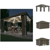 vidaXL Paviljoen met gordijnen en LED-lichtketting, 4x3 meter, taupekleurig - Paviljoens & feesttenten