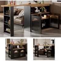 Flieks eettafel/bar, 360° draaibaar, uitschuifbare eettafel/keukentafel met kast, staand bureau/dressoir met LED-verlichting, zwart
