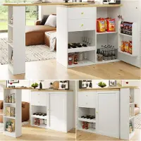 Flieks Eettafel/Bartoog, 360 graden draaibaar, Keukentafel/Eettafel met kast, staand bureau met plank, wijnrek en lades, wit
