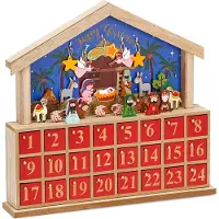 Ed Brubaker Adventskalender, kerststal, hout, blauw, rood, 34,5 x 32 x 6 cm