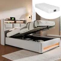 Sweiko -Gestoffeerd bed met USB 90x200cm- LED eenpersoonsbed met lattenbodem van metalen frame- bedframe van linnen materiaal jeugdbed met matras