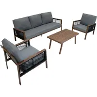 Monster Zet van aluminium, bestaande uit een tweezitter en twee fauteuils, met een zwarte rotan opbergbox – hout
