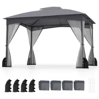 Costway Paviljoen 3x3,6m, tuinpaviljoen met 4 zandzakken, 4 muggennetten, dubbel dak en draagtas, partytent, waterdicht, stabiel, winterbestendig, grijs