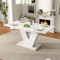 OKWISH Eettafel met uitschuifbaar blad, Uitschuifbare eettafel voor 4-6 personen, met een rechthoekige vorm en een versterkt blad, Keukentafel met V-poten, Wit
