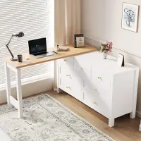 Merax bureau in L-vorm met 7 lades, 360° draaibaar, uitbreidbaar werkblad, hoekbureau, dressoir, computerbureau, eikenhout + wit
