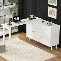 Merax bureau, L-vormig, hoekbureau, 360° draaibaar, uitbreidbaar werkblad, met 3 deuren, lade, dressoir, kantoorbureau, wit
