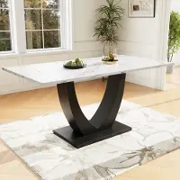 STILVORA eettafel/keukentafel, 140x75.5 cm, met verstelbare poten, modern marmerlook, rechthoekig, metalen frame, wit/zwart