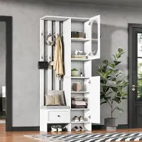 OKWISH Garderobekast. Compacte entreekast met 2 kasten, opbergkast, entreekast met hardglazen deuren, entresolset met bank en bekleding, wit
