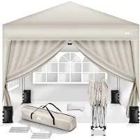 Tillvex Paviljoen, 3 x 3 m, waterdicht, pop-upvouwtent, in hoogte verstelbaar, tuintent, uv-bescherming 50+, partytent met tas (beige, met 4 zijpanelen)