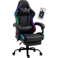 Delman Gaming stoel, bureaustoel, ergonomisch, RGB LED-verlichting, Kunstleder fauteuil met voetsteun, metalen voetkruis, model 02-0055BK