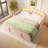 STILVORA slaapbank 90/180x200, dagbed met uitschuifbaar bed, jeugdbed met LED-strip met kleurverandering, roze (zonder matras)