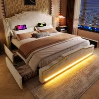 OKWISH Gestoffeerd bed 140x200 cm – USB push & draadloos laden – 12-kleur LED – Opbergruimte – Grijs