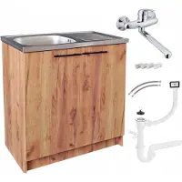 Stamar - Keukenkast 80 cm - Onderkast met Spoelbak met één compartiment + kraan + sifon - Eiken Goud