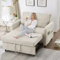 STILVORA slaapbank, tweezits klapbank met verstelbare rugleuning in drie standen, dagbed van ademend katoen-linnen, beige kleur