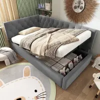 STILVORA gestoffeerd bed 90x190 met bedopslag, dagbed, slaapbank, kinderbed met opbergruimte, bedframe met houten lattenbodem, grijs, zonder matras