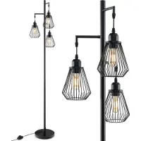 Costway Vloerlamp 169cm, staande lamp met 3 lampenkappen, voetpedaal en stabiele voet, moderne leeslamp, zwart (conisch)