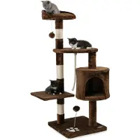 Lionto Kartonnen kraboom voor katten, 112 cm hoog, met hol, sisal touw, pluchen ballen en wandmontage. Compacte klimboom, bruin