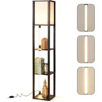 Costway Vloerlamp 163 cm met planken, houten lamp met 3-standen dimbare LED-strip en voetpedaal, moderne displaylamp