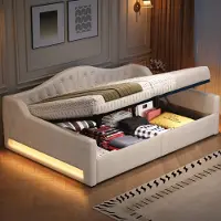 MODFU Dagbed met matras, 140x200 cm. Uittrekbaar bed met verstelbare LED-verlichting in 7 kleuren en opbergruimte. Studentenbed met houten frame, geschikt als logeerkamerbed, kleur: beige