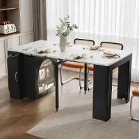 Merax eettafel, keukenblok met wielen, uitschuifbare eettafel met stopcontacten en LED-verlichting, multifunctionele serveerwagen, bar, wit + zwart