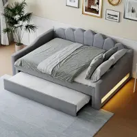 OKWISH Uitschuifbed met een bedmaat van 140x200, kinderbed met 7 verstelbare LED-verlichting en een houten frame, zonder matras, grijs