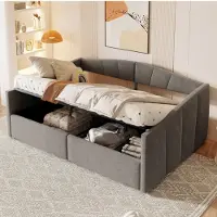 OKWISH Uitschuifbaar bed 140x200. Juniorbed met lattenbodem en spijlen, multifunctioneel uitschuifbaar bed van fluweelstof, met hydraulische opbergruimte, donkergrijs