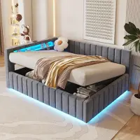 OKWISH Uitschuifbaar bed, gestoffeerd bed 140x200 met opbergbox, bed met LED-verlichting en USB-oplaadpoort, dagbed met rugleuning, donkergrijs, zonder matras