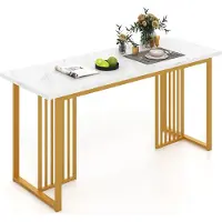 Costway Eettafel hout, 160x60 cm, rechthoekige keukentafel met marmerlook en metalen poten, eettafel voor 6-8 personen, grote tafel, wit en goud
