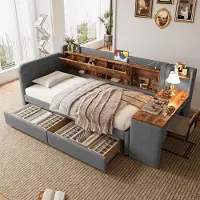 MODFU Uitschuifbed zonder matras, 90x200 cm, multifunctioneel bed met plank en nachtkastje, uitschuifbaar bed met 2 lades en lattenbodem, bed voor jongeren met USB- en Type-C poorten, grijs