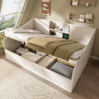 STILVORA Tagesbed 140x190cm – Dagbed Met Hydraulische Opbergruimte – Hoofdbord Met Planken En Laadstation – Zonder Matras – Hout – Wit