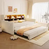 STILVORA Slaapbank 90x190 cm – Uittrekbaar Tot 180 cm Tweepersoonsbed – Hoofdbord Met Opbergvakken, Ledverlichting & Oplaadpoorten – Met Lattenbodem – Zonder matras – Fluweel – Beige