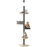 Costway Kraboom met 5 verdiepingen, 236-271 cm hoog, krabpaal die tot aan het plafond reikt, klimboom met hangmat, mand en bed, kattenmeubel van hout, grijs