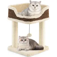 Costway Kraboom Klein, kattenboom met pluche zitplaats, bal en sisal krabpalen, houten kattenkraboom, kattenmeubilair, kattentoren, 38x38x51cm, beige