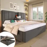 Youjia Boxspringbed 160x200 cm, tweepersoonsbed met verborgen bekerhouder en oplaadstation, hydraulisch bed met opbergruimte onder het bed, inclusief lattenbodem