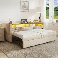 MODFU - Bedframe 90/180x190 cm – Beige flanel met LED & stopcontacten – Slaapbank