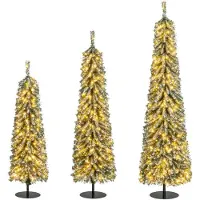 Costway Set van 3 kunststof kerstbomen, 120+150+180 cm, dennenboom met sneeuw en LED-verlichting, kunstboom, kerstboom, groen en wit
