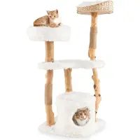 Costway 124 cm kraboom van hout, kattenmeubel van massief hout met kattenhol, pluche zitgedeelte, zitplatform en krabpalen, witte kattenkraboom