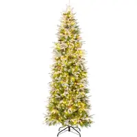 Costway Kunstkerstboom, 225 cm, smalle dennenboom met sneeuwdecoratie, 350 warmwitte LED-lampjes en 75 dennenappels. Kunstkerstboom, smal model
