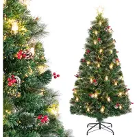 Costway , kunstkerstboom van 180 cm, met dennenappels, petroleumlampen en rode bessen, kerstboom met LED-verlichting, 8 lichtmodi, glasvezel en sterrenpunt, groen