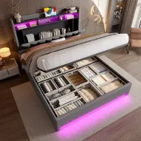 OKWISH Gestoffeerd bed 140x200, tweepersoonsbed met LED-verlichting en USB-poorten, studentenbed met opbergruimte in het hoofdeinde en ruimte onder het bed, zonder matras, grijs