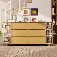 Flieks commode met 6 lades, dressoir/woonkamerschap met 2 bamboeplanken, opbergkast 160x40x75 cm, eikenhout