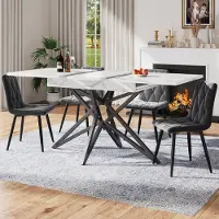 STILVORA Rechthoekige eettafel, uitschuifbare keukentafel met stervormige poten en zwarte ijzeren poten, tafelblad van marmerlook