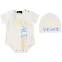Versace Cadeaubox - Muts/Romper s/s - Wit/Lichtblauw m. Logo - - 12-18 mnd - Rompers Korte Mouw