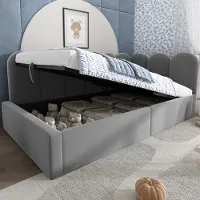 STILVORA 90x190 cm gestoffeerd bed met hydraulische opbergruimte, slaapbank met metalen lattenbodem, daybed van fluweelstof, zonder matras, grijs
