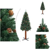 vidaXL Kunstboom - Kunstbomen - Kunstkerstboom - Kunstkerstbomen - Kerstboom met echt hout en dennenappels smal 150 cm PVC groen