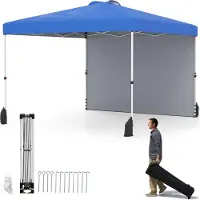 Costway 3x3 meter opklapbare paviljoen, draagbare tuinpaviljoen met zijwand, zonnescherm, tas, 8 haringen, 4 verankeringspunten, 4 windtouwen en 4 zandzakken, blauw